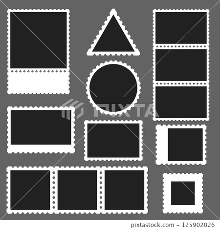 Postage stamp photo frame set with round square rectangle and triangle shapes isolated on dark background editable blank templates for collage scrapbooking retro postal design 125902026