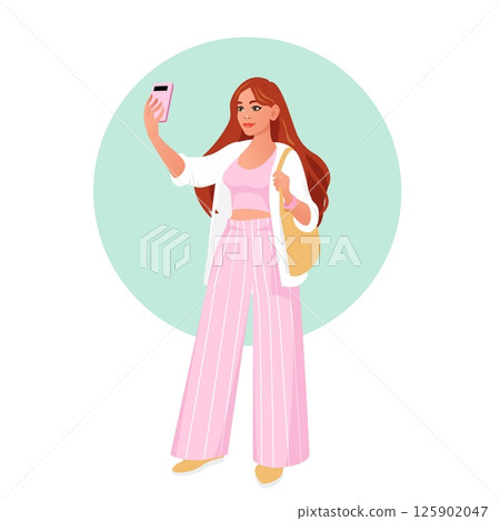 Stylish Young Woman Taking Selfie with Smartphone Wearing Trendy Pink Outfit and Shoulder Bag in Modern Fashion Illustration 125902047