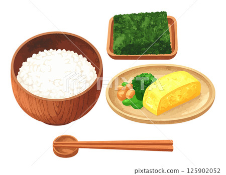 Watercolor illustration set of white rice, seaweed, tamagoyaki, and chopsticks AI generation Watercolor illustration set of white rice, seaweed, tamagoyaki, and chopsticks AI generation 125902052