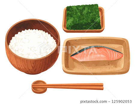白飯、海藻、烤鮭魚、筷子的水彩插圖集AI生成 白飯、海藻、烤鮭魚、筷子的水彩插圖集AI生成 125902053