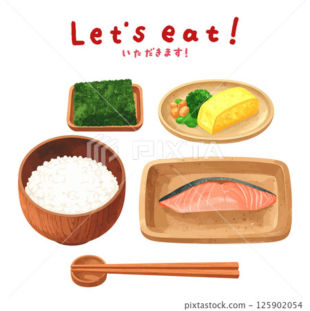 日式早餐食品AI生成的水彩插圖集 125902054