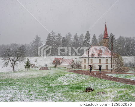 spring snowfall, a sudden blizzard in the Gatchina park spring snowfall, a sudden blizzard in the Gatchina park 125902080