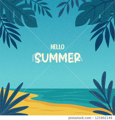 Hello Summer. Vector Beach Illustration with Tropical Leaves, Sea and Sand. Flat Cartoon Vector Background for Seasonal Poster, Travel Banner, Holiday Card, Vacation Concept, Summer Greeting Design 125902148