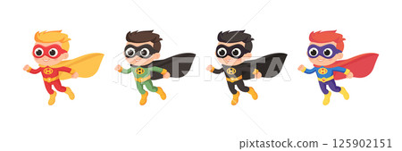 Flat Cartoon Vector Cute Superhero Kids Set. Cartoon Boys in Colorful Superhero Costumes and Capes, Flying Child Heroes for Comics, Children Book. Superhero Birthday, Kids Art Design Flat Cartoon Vector Cute Superhero Kids Set. Cartoon Boys in Colorful Superhero Costumes and Capes, Flying Child Heroes for Comics, Children Book. Superhero Birthday, Kids Art Design 125902151