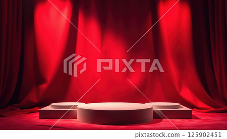 dramatic red stage with curtains and three tiered podium illuminated by spotlights, creating vibrant and elegant atmosphere for presentations or performances. 125902451