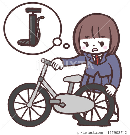 Illustration of a female student having trouble with a flat tire 125902742