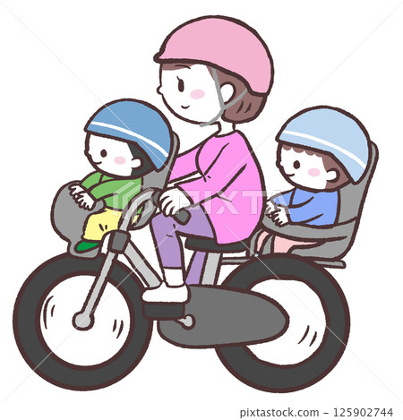 Illustration of a mother riding a bicycle with children on the front and back 125902744