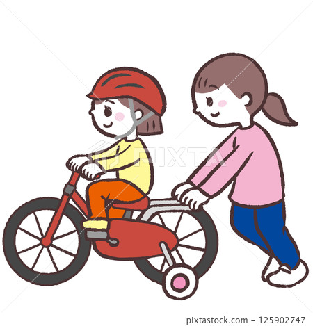 一個女孩和她媽媽練習騎自行車的插圖 125902747