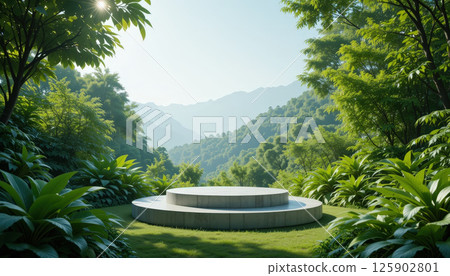 serene outdoor scene featuring circular platform surrounded by lush greenery and mountains background, evoking tranquility and serene outdoor scene featuring circular platform surrounded by lush greenery and mountains background, evoking tranquility and 125902801