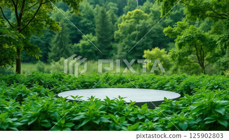circular stone table surrounded by lush green foliage in serene forest setting circular stone table surrounded by lush green foliage in serene forest setting 125902803
