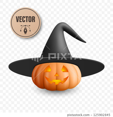 Vector Halloween Pumpkin with Witch Hat. Glowing Jack-o-Lantern with Spooky Smile and Witch Hat for Halloween Party Decor. Halloween Digital Clipart Vector Halloween Pumpkin with Witch Hat. Glowing Jack-o-Lantern with Spooky Smile and Witch Hat for Halloween Party Decor. Halloween Digital Clipart 125902845