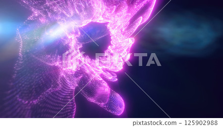Abstract purple stream of light with digital textures, creating a dynamic energy effect in a dark space 125902988