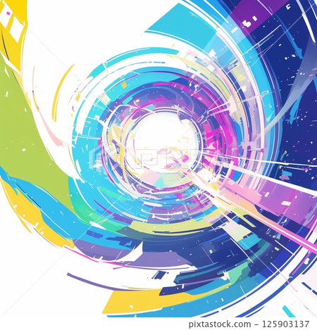 Abstract art of a spiral tunnel with vibrant multicolored rays of light penetrating space 125903137