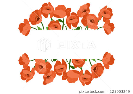 Red poppy flower frame with central blank space for text or message on a white background. Elegant floral border design ideal for invitations, greeting cards, or seasonal decoration 125903249
