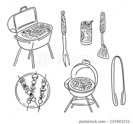 Barbecue-themed doodle set with grills, utensils, skewers, and a summer drink in black and white. Fun hand-drawn collection perfect for cookout invitations and summer food illustrations 125903252