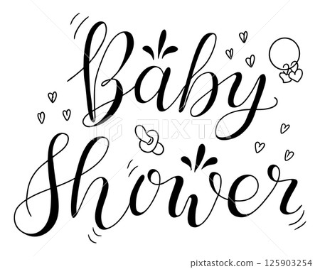 Baby shower text in playful calligraphy style with hearts, pacifier, and balloon accents. Joyful hand-drawn lettering design perfect for invitations and celebration decorations 125903254