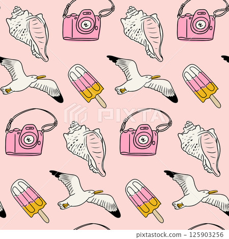 Seamless summer pattern with seagulls, ice creams, seashells, and cameras on pink background. Playful beach-themed design perfect for vacation textiles and fun seasonal prints Seamless summer pattern with seagulls, ice creams, seashells, and cameras on pink background. Playful beach-themed design perfect for vacation textiles and fun seasonal prints 125903256