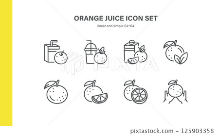 Orange Juice Icon Set. Thin Line Illustrations of Citrus Beverages, Carton Packs, Orange Smoothies, Sliced Oranges and Orange Juice Extraction for Fresh Drink and Nutrition Concepts 125903358