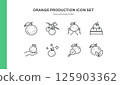 Orange Production Icon Set. Thin Line Illustrations of Citrus Harvesting, Picking, Sorting, Crate Packing, Quality Control and Orchard Management for Agriculture and Food Industry Processes 125903362