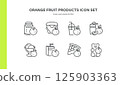 Orange Fruit Products Icon Set. Thin Line Illustrations of Marmalade Jars, Yogurt Cups, Smoothies, Juice Cartons, Ice Cream Desserts, Candies and Pie Slices for Citrus Confectionery Concepts 125903363