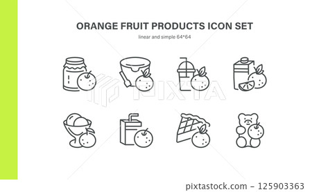 Orange Fruit Products Icon Set. Thin Line Illustrations of Marmalade Jars, Yogurt Cups, Smoothies, Juice Cartons, Ice Cream Desserts, Candies and Pie Slices for Citrus Confectionery Concepts 125903363