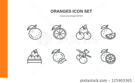 Orange Elements Icon Set. Thin Line Illustrations of Juice Boxes, Jars, Smoothies, Candy, Ice Cream, Citrus Pie, and Orange Products for Food Packaging, Grocery, and Citrus-Based Desserts 125903365