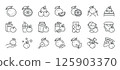 Oranges Icon Set. Thin Line Illustrations of Whole Oranges, Sliced Citrus, Branches, Crates, and Leaves Representing Fresh Produce, Vitamin C, and Natural Citrus Fruits 125903370