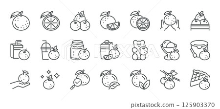 Oranges Icon Set. Thin Line Illustrations of Whole Oranges, Sliced Citrus, Branches, Crates, and Leaves Representing Fresh Produce, Vitamin C, and Natural Citrus Fruits 125903370