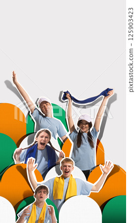Emotional sports fans showing excitement, surprise, and cheering with scarves, against white background with yellow and green shapes. Emotional sports fans showing excitement, surprise, and cheering with scarves, against white background with yellow and green shapes. 125903423