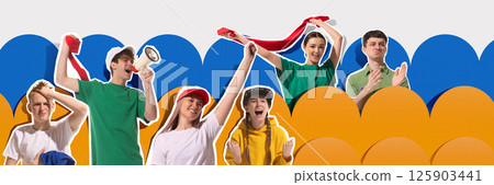 Young fans cheering and supporting favorite sport team, wave scarves and smile over blue yellow background. 125903441