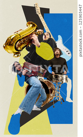 Dynamic musicians playing saxophone, electric guitar, accordion, and drums with intense energy. Contemporary art collage. 125903447