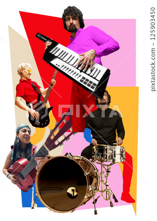 Musicians playing keyboard, bass guitar, acoustic guitar, and drums. Contemporary art collage. 125903450