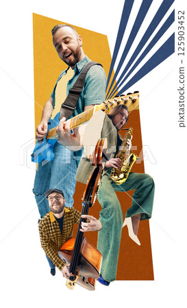 Musicians playing electric guitar, saxophone, and double bass in a vibrant composition. Contemporary art collage. Musicians playing electric guitar, saxophone, and double bass in a vibrant composition. Contemporary art collage. 125903452