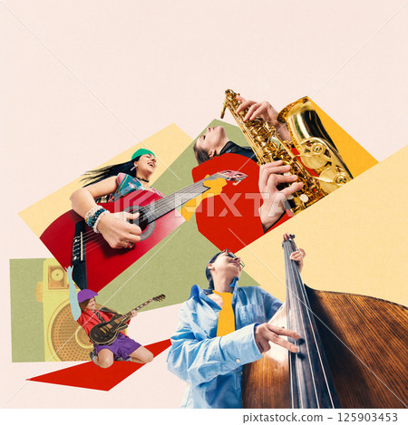 Musicians playing guitar, saxophone, and double bass with expressive movements over abstract shapes. Contemporary art collage Musicians playing guitar, saxophone, and double bass with expressive movements over abstract shapes. Contemporary art collage 125903453