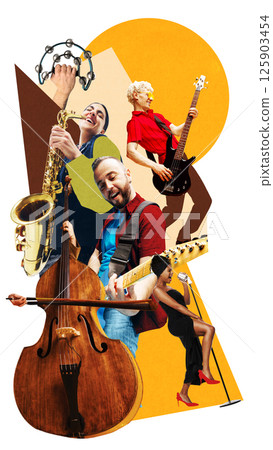 Men and women playing saxophone, double bass, bass guitar, and singing, capturing energy of live performance. Contemporary art collage 125903454