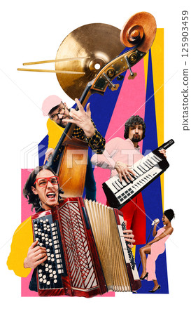 Musicians playing double bass, accordion, and keyboard with lively expressions. Contemporary art collage. 125903459