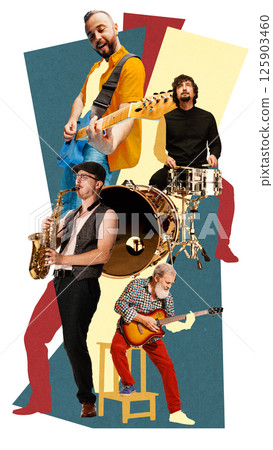 Rocking the stage. Musicians playing electric guitar, drums, saxophone, and acoustic guitar with passion. Contemporary art collage. Rocking the stage. Musicians playing electric guitar, drums, saxophone, and acoustic guitar with passion. Contemporary art collage. 125903460