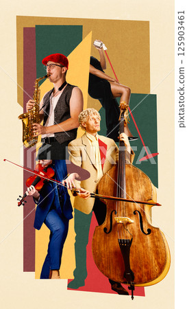 Blend of classic and contemporary. Musicians playing saxophone, violin, double bass, and a vocalist performing in creative composition. 125903461