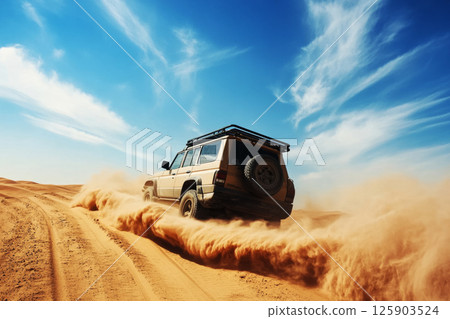 Rugged 4x4 kicks up dust as it roars through golden desert dunes, blazing sun overhead and wild trail ahead in an epic off-grid overland escape 125903524