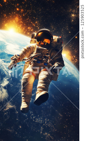 A classic pin-up style poster featuring an astronaut in a sleek spacesuit floating in the vast cosmos, surrounded by twinkling stars and a distant Earth 125903525