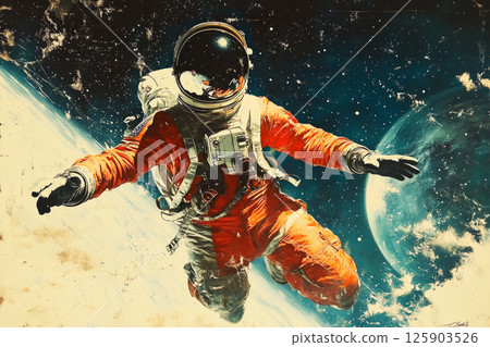 A retro 1950s-style pin-up poster featuring an astronaut floating in zero gravity, Earth and bright stars creating a striking cosmic backdrop A retro 1950s-style pin-up poster featuring an astronaut floating in zero gravity, Earth and bright stars creating a striking cosmic backdrop 125903526