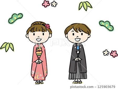 Boy and girl in kimono with pine, bamboo and plum 125903679