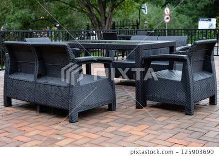Outdoor seating area with wicker and metal furniture on lush green lawn. 125903690