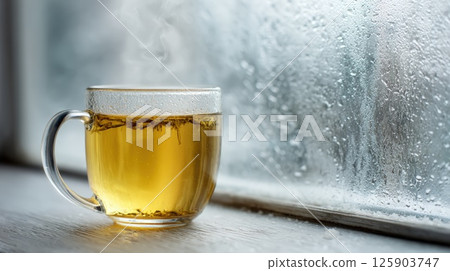 Warm Cup of Tea by a Frosty Window on a Winter Morning Warm Cup of Tea by a Frosty Window on a Winter Morning 125903747