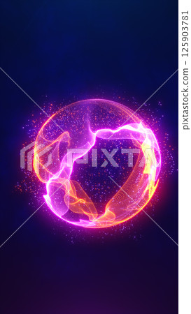 Glowing purple and orange spherical mesh made of light particles against a deep blue backdrop 125903781