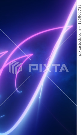 Neon pink and cyan lines forming abstract curves over a glowing blue and purple background 125903785