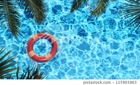Colorful Lifebuoy Floating in Clear Blue Pool 125903863