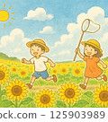 Smiling children running with butterfly nets in a sunflower field 125903989