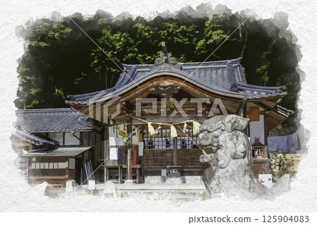 Watercolor painting style, Ishigami Futsumitama Shrine, worship hall, Akaiwa City, Okayama Prefecture 125904083