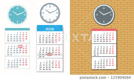 Wall Clock and Calendar 2026 with shadow with transparency and without shadow mounted on brick wall. Wall Clock and Calendar 2026 with shadow with transparency and without shadow mounted on brick wall. 125904084